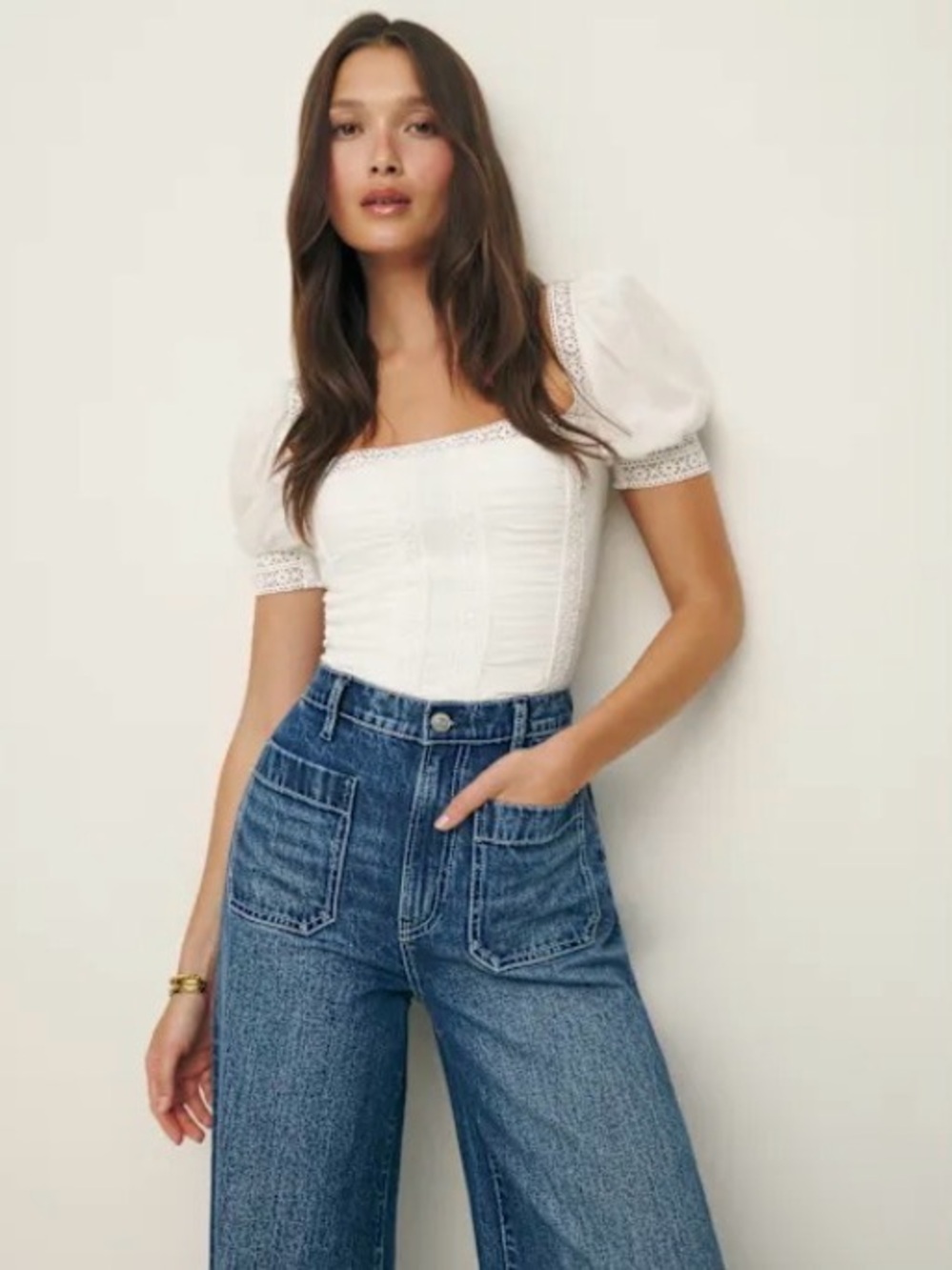Reformation Ivory Lace-Trim Square Neck Top